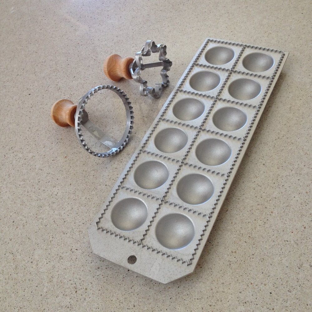 3-Piece Ravioli Making Set - Aluminum Mold Tray & Wooden Handle Cutters